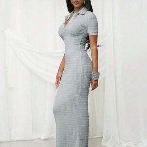 NYA SZN Robe maxi texturée ajustée à manches courtes avec col printanier pour festival d'été, Jour de la Saint-Patrick, vacances, printemps modeste, remise des diplômes, invité de mariage, occasions spéciales, dîner de demoiselle d'honneur, bal de promo