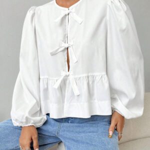 SHEIN EZwear Chemise décontractée minimaliste à manches longues et à nouer devant, couleur unie pour femmes. Hauts à manches longues.