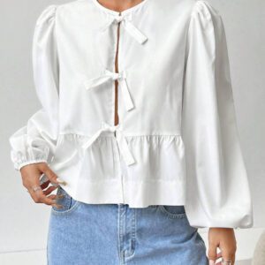 SHEIN EZwear Chemise décontractée minimaliste à manches longues et à nouer devant, couleur unie pour femmes. Hauts à manches longues.