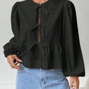 SHEIN EZwear Chemise décontractée minimaliste à manches longues et à nouer devant, couleur unie pour femmes. Hauts à manches longues.