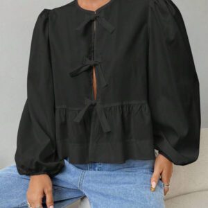 SHEIN EZwear Chemise décontractée minimaliste à manches longues et à nouer devant, couleur unie pour femmes. Hauts à manches longues.