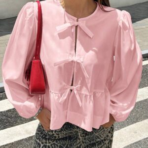 SHEIN EZwear Chemise décontractée minimaliste à manches longues et à nouer devant, couleur unie pour femmes. Hauts à manches longues.