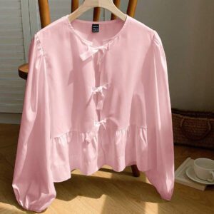 SHEIN EZwear Chemise décontractée minimaliste à manches longues et à nouer devant, couleur unie pour femmes. Hauts à manches longues.