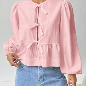 SHEIN EZwear Chemise décontractée minimaliste à manches longues et à nouer devant, couleur unie pour femmes. Hauts à manches longues.
