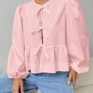 SHEIN EZwear Chemise décontractée minimaliste à manches longues et à nouer devant, couleur unie pour femmes. Hauts à manches longues.