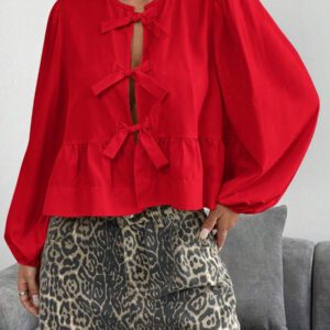 SHEIN EZwear Chemise décontractée minimaliste à manches longues et à nouer devant, couleur unie pour femmes. Hauts à manches longues.
