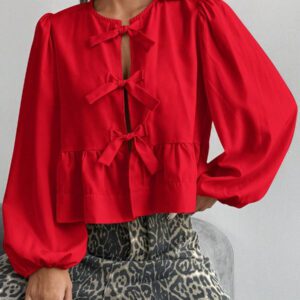 SHEIN EZwear Chemise décontractée minimaliste à manches longues et à nouer devant, couleur unie pour femmes. Hauts à manches longues.