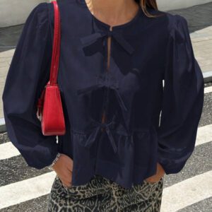 SHEIN EZwear Chemise décontractée minimaliste à manches longues et à nouer devant, couleur unie pour femmes. Hauts à manches longues.