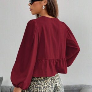 SHEIN EZwear Chemise décontractée minimaliste à manches longues et à nouer devant, couleur unie pour femmes. Hauts à manches longues.