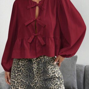 SHEIN EZwear Chemise décontractée minimaliste à manches longues et à nouer devant, couleur unie pour femmes. Hauts à manches longues.