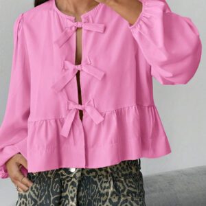 SHEIN EZwear Chemise décontractée minimaliste à manches longues et à nouer devant, couleur unie pour femmes. Hauts à manches longues.
