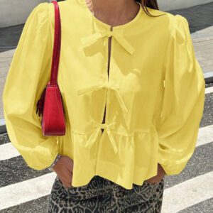 SHEIN EZwear Chemise décontractée minimaliste à manches longues et à nouer devant, couleur unie pour femmes. Hauts à manches longues.