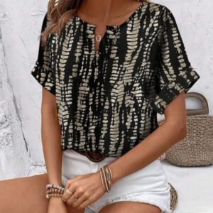 Blouse décontractée à imprimé tout-sur-tout, col V, manches courtes pour femme