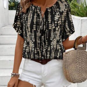 Blouse décontractée à imprimé tout-sur-tout, col V, manches courtes pour femme