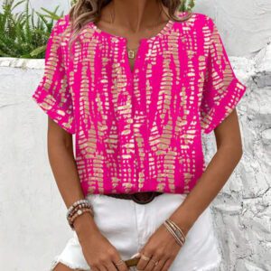 Blouse décontractée à imprimé tout-sur-tout, col V, manches courtes pour femme