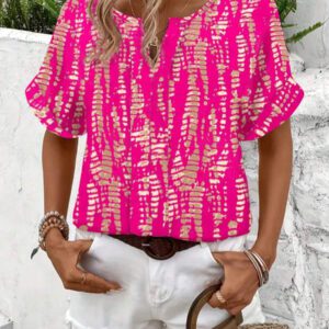 Blouse décontractée à imprimé tout-sur-tout, col V, manches courtes pour femme