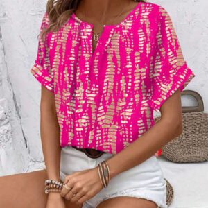 Blouse décontractée à imprimé tout-sur-tout, col V, manches courtes pour femme