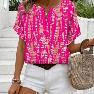 Blouse décontractée à imprimé tout-sur-tout, col V, manches courtes pour femme