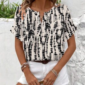 Blouse décontractée à imprimé tout-sur-tout, col V, manches courtes pour femme