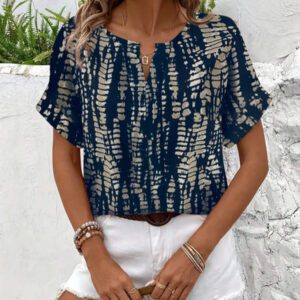 Blouse décontractée à imprimé tout-sur-tout, col V, manches courtes pour femme