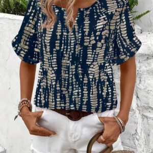Blouse décontractée à imprimé tout-sur-tout, col V, manches courtes pour femme