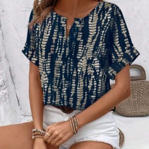 Blouse décontractée à imprimé tout-sur-tout, col V, manches courtes pour femme