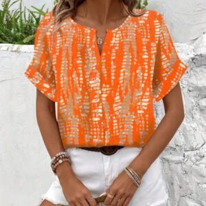 Blouse décontractée à imprimé tout-sur-tout, col V, manches courtes pour femme