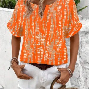 Blouse décontractée à imprimé tout-sur-tout, col V, manches courtes pour femme