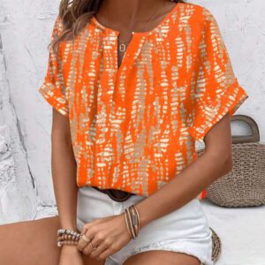 Blouse décontractée à imprimé tout-sur-tout, col V, manches courtes pour femme