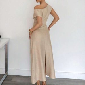 Siren Gaze Robe femme à col asymétrique à volants, manches courtes, couleur unie