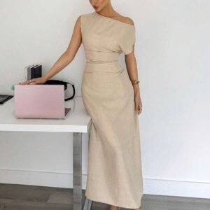 Siren Gaze Robe femme à col asymétrique à volants, manches courtes, couleur unie