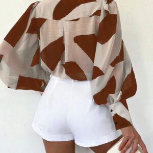 INAWLY Chemise décontractée à manches lanternes et simple boutonnage avec imprimé géométrique pour femmes