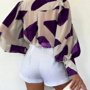INAWLY Chemise décontractée à manches lanternes et simple boutonnage avec imprimé géométrique pour femmes