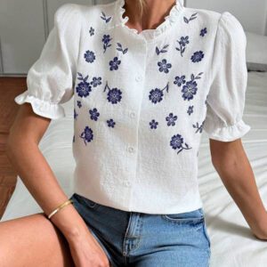 SHEIN LUNE Blouse blanche en coton casual brodée pour femmes, tenues d'été pour femmes, tenues de vacances, tops de sortie pour femmes, tops d'été mignons pour femmes, vêtements bohèmes pour femmes, style "Old Money", chemises amusantes pour femmes, chemises boutonnées de sortie pour femmes
