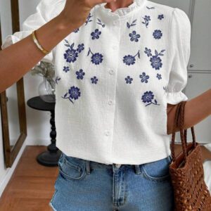 SHEIN LUNE Blouse blanche en coton casual brodée pour femmes, tenues d'été pour femmes, tenues de vacances, tops de sortie pour femmes, tops d'été mignons pour femmes, vêtements bohèmes pour femmes, style "Old Money", chemises amusantes pour femmes, chemises boutonnées de sortie pour femmes