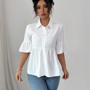 Elenzga Blouse décontractée pour femmes, couleur unie, manches évasées avec volant à l'ourlet