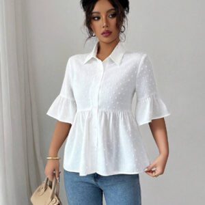 Elenzga Blouse décontractée pour femmes, couleur unie, manches évasées avec volant à l'ourlet