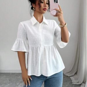 Elenzga Blouse décontractée pour femmes, couleur unie, manches évasées avec volant à l'ourlet