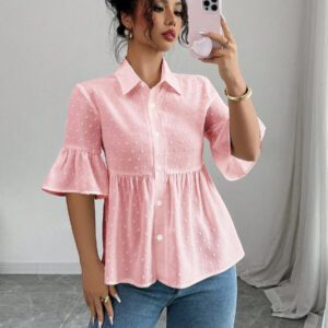 Elenzga Blouse décontractée pour femmes, couleur unie, manches évasées avec volant à l'ourlet