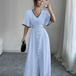 Elenzga Robe nouvelle création femme col V, manches volantées, blocs de couleurs, taille cintrée, beige et noir, robe décontractée et élégante pour vacances, coupe a-line affinante avec fente à l'ourlet, printemps et été