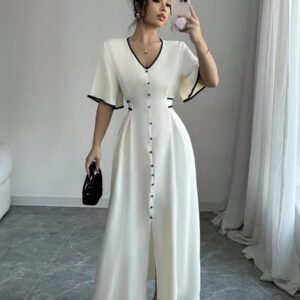 Elenzga Robe nouvelle création femme col V, manches volantées, blocs de couleurs, taille cintrée, beige et noir, robe décontractée et élégante pour vacances, coupe a-line affinante avec fente à l'ourlet, printemps et été