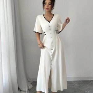Elenzga Robe nouvelle création femme col V, manches volantées, blocs de couleurs, taille cintrée, beige et noir, robe décontractée et élégante pour vacances, coupe a-line affinante avec fente à l'ourlet, printemps et été
