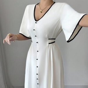 Elenzga Robe nouvelle création femme col V, manches volantées, blocs de couleurs, taille cintrée, beige et noir, robe décontractée et élégante pour vacances, coupe a-line affinante avec fente à l'ourlet, printemps et été
