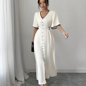 Elenzga Robe nouvelle création femme col V, manches volantées, blocs de couleurs, taille cintrée, beige et noir, robe décontractée et élégante pour vacances, coupe a-line affinante avec fente à l'ourlet, printemps et été