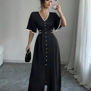 Elenzga Robe nouvelle création femme col V, manches volantées, blocs de couleurs, taille cintrée, beige et noir, robe décontractée et élégante pour vacances, coupe a-line affinante avec fente à l'ourlet, printemps et été