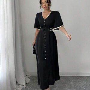 Elenzga Robe nouvelle création femme col V, manches volantées, blocs de couleurs, taille cintrée, beige et noir, robe décontractée et élégante pour vacances, coupe a-line affinante avec fente à l'ourlet, printemps et été