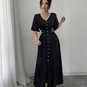 Elenzga Robe nouvelle création femme col V, manches volantées, blocs de couleurs, taille cintrée, beige et noir, robe décontractée et élégante pour vacances, coupe a-line affinante avec fente à l'ourlet, printemps et été