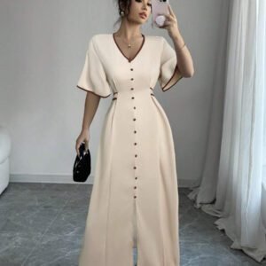 Elenzga Robe nouvelle création femme col V, manches volantées, blocs de couleurs, taille cintrée, beige et noir, robe décontractée et élégante pour vacances, coupe a-line affinante avec fente à l'ourlet, printemps et été