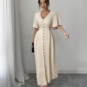 Elenzga Robe nouvelle création femme col V, manches volantées, blocs de couleurs, taille cintrée, beige et noir, robe décontractée et élégante pour vacances, coupe a-line affinante avec fente à l'ourlet, printemps et été