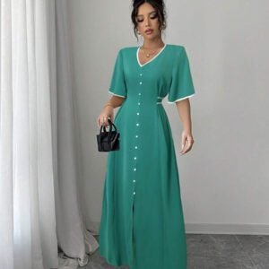 Elenzga Robe nouvelle création femme col V, manches volantées, blocs de couleurs, taille cintrée, beige et noir, robe décontractée et élégante pour vacances, coupe a-line affinante avec fente à l'ourlet, printemps et été
